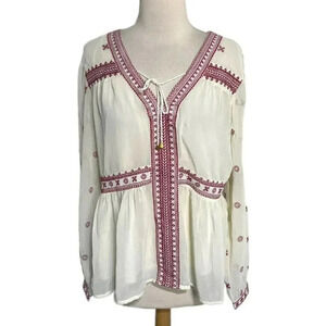 Romeo & Juliette Couture L ivory /red embroidered peasant boho top‎ NEW